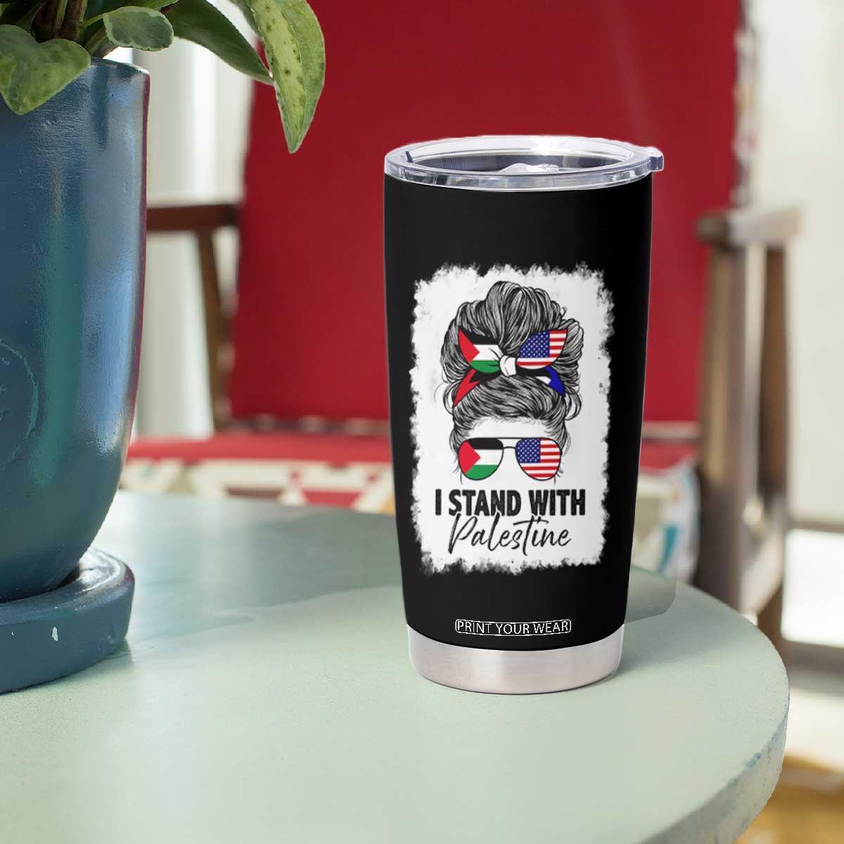 Stand With Palestine Tumbler Cup Messy Bun Gaza Palestinian Flag TS10 Print Your Wear