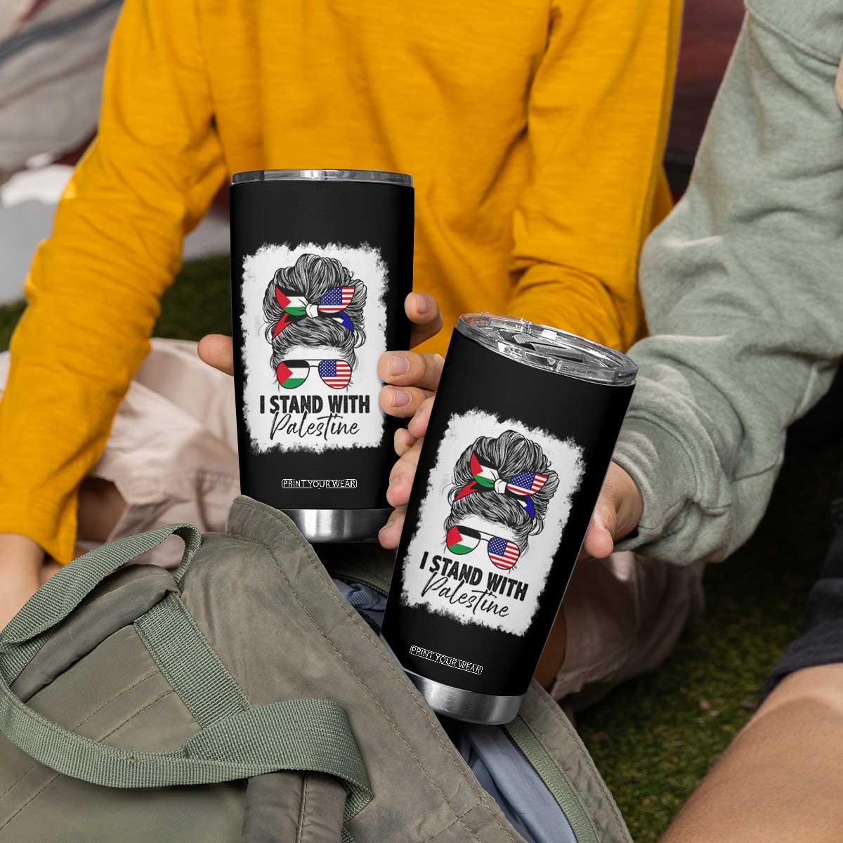Stand With Palestine Tumbler Cup Messy Bun Gaza Palestinian Flag TS10 Print Your Wear