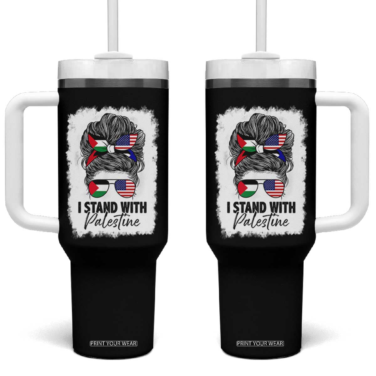 Stand With Palestine Tumbler With Handle Messy Bun Gaza Palestinian Flag TS10 One Size: 40 oz Black Print Your Wear