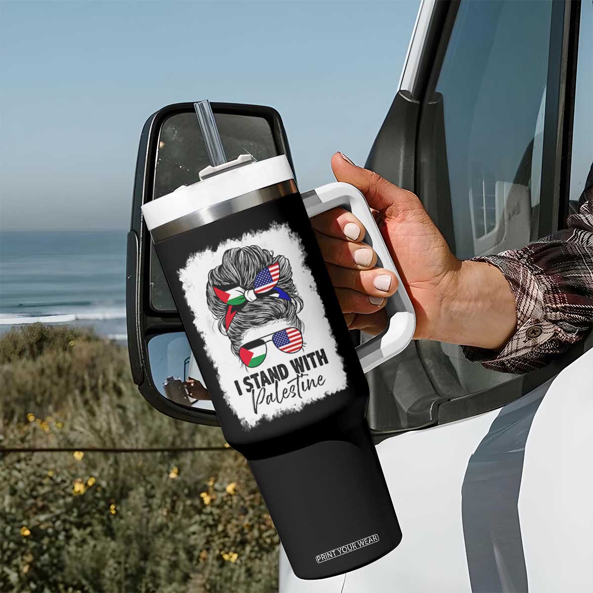 Stand With Palestine Tumbler With Handle Messy Bun Gaza Palestinian Flag TS10 Print Your Wear