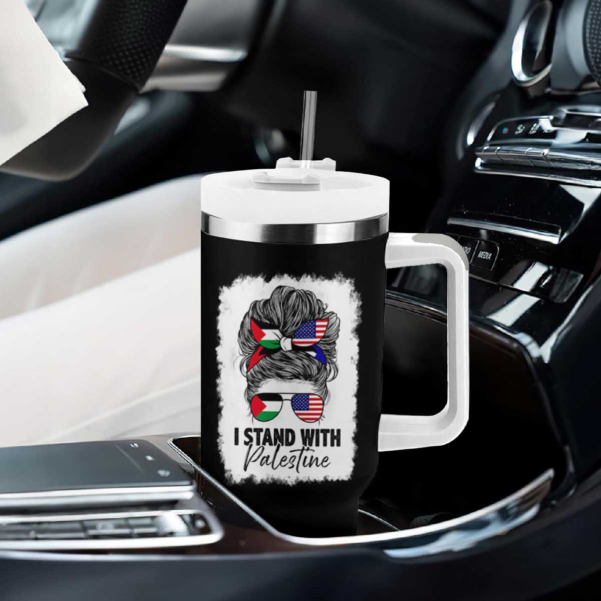 Stand With Palestine Tumbler With Handle Messy Bun Gaza Palestinian Flag TS10 Print Your Wear
