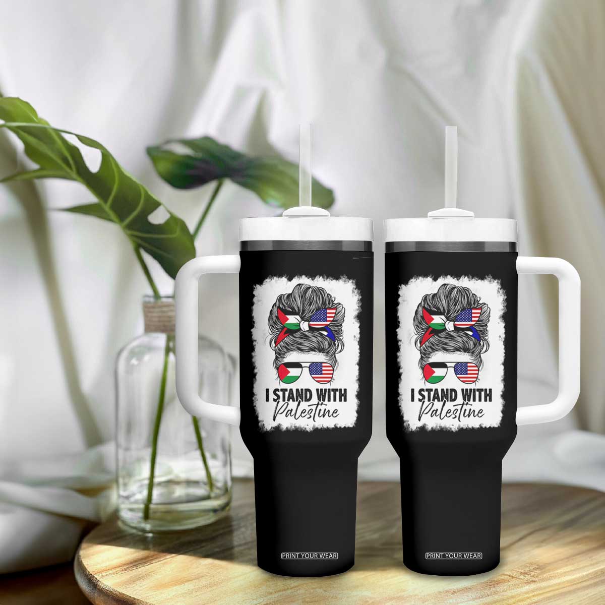 Stand With Palestine Tumbler With Handle Messy Bun Gaza Palestinian Flag TS10 Print Your Wear