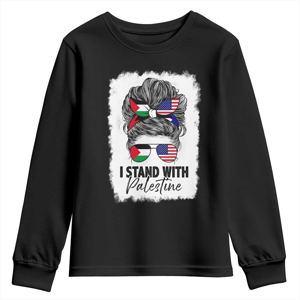 Stand With Palestine Youth Sweatshirt Messy Bun Gaza Palestinian Flag TS10 Black Print Your Wear