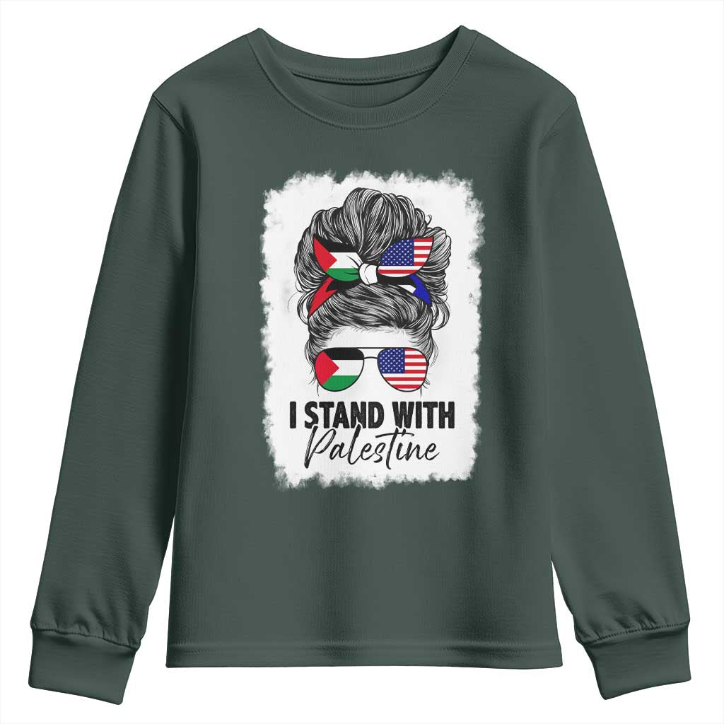Stand With Palestine Youth Sweatshirt Messy Bun Gaza Palestinian Flag TS10 Dark Forest Green Print Your Wear