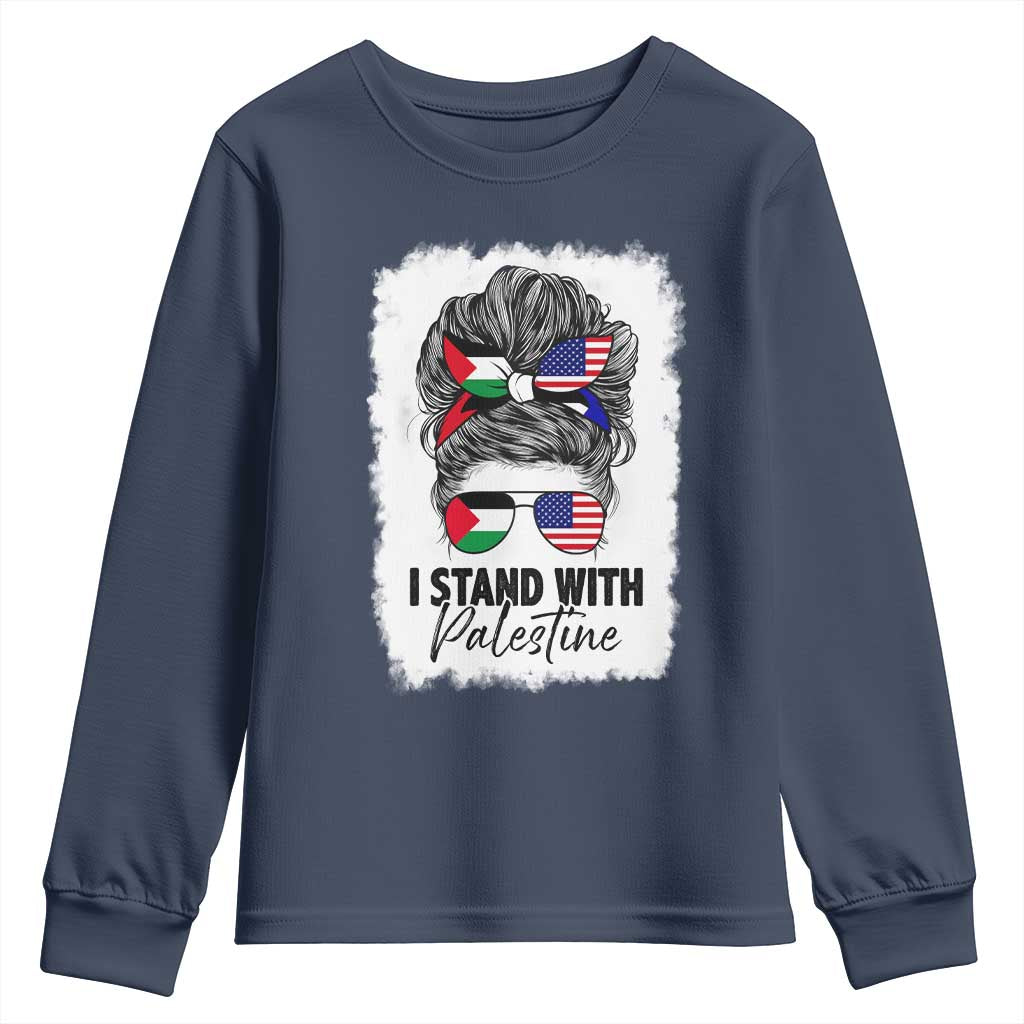 Stand With Palestine Youth Sweatshirt Messy Bun Gaza Palestinian Flag TS10 Navy Print Your Wear