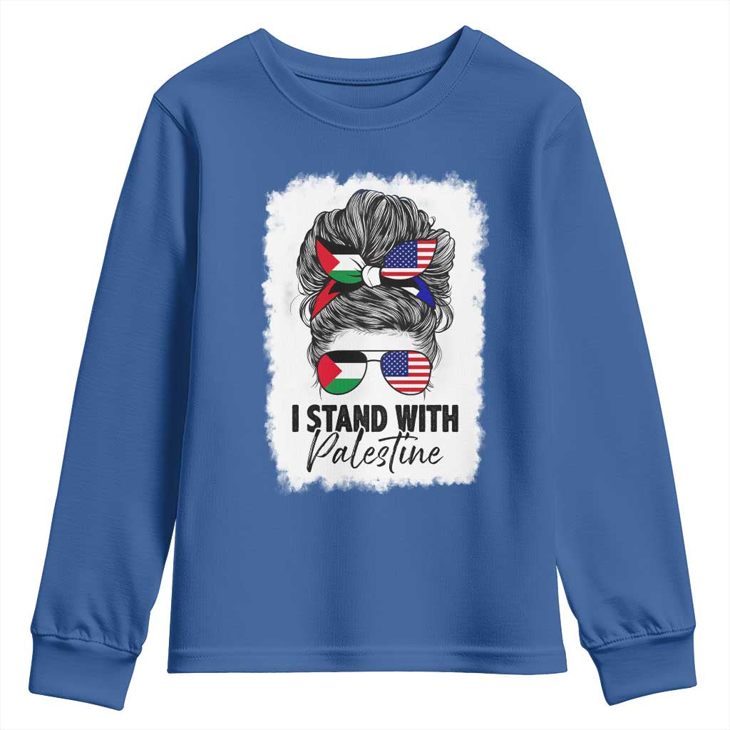 Stand With Palestine Youth Sweatshirt Messy Bun Gaza Palestinian Flag TS10 Royal Blue Print Your Wear