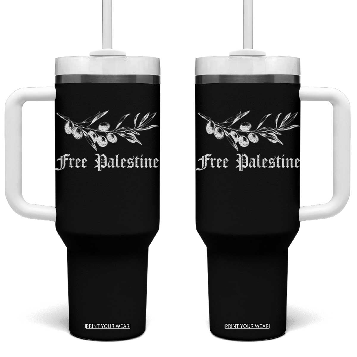 Free Palestine Tumbler With Handle Palestinian Olives Fruits TS10 One Size: 40 oz Black Print Your Wear