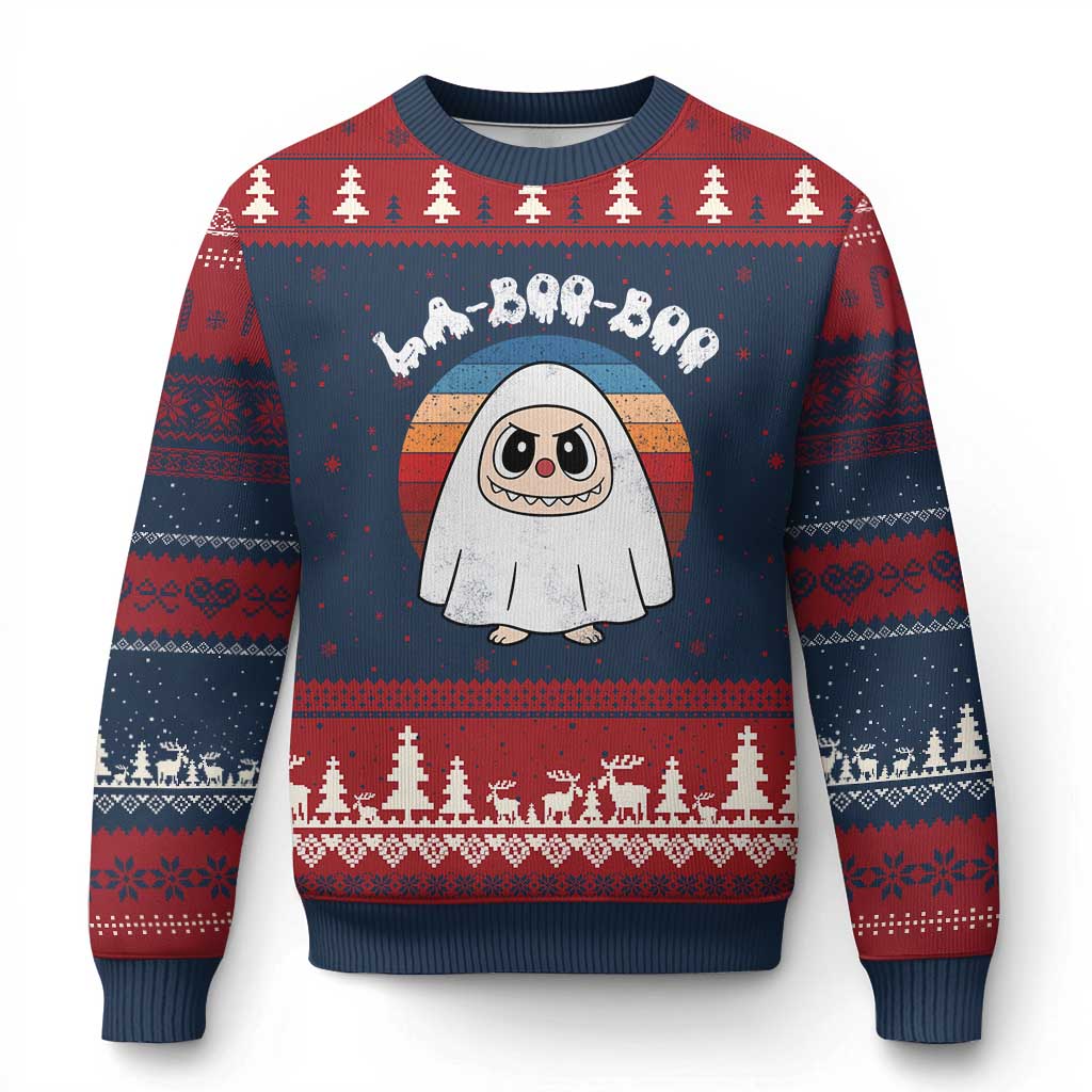 Cute Ghost Halloween Costume Ugly Christmas Sweater Retro Spooky Trending Cartoon La Boo Boo TS10 Navy Red Print Your Wear