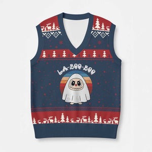 Cute Ghost Halloween Costume V-Neck Knit Sweater Vest Retro Spooky Trending Cartoon La Boo Boo TS10 Navy Red Print Your Wear
