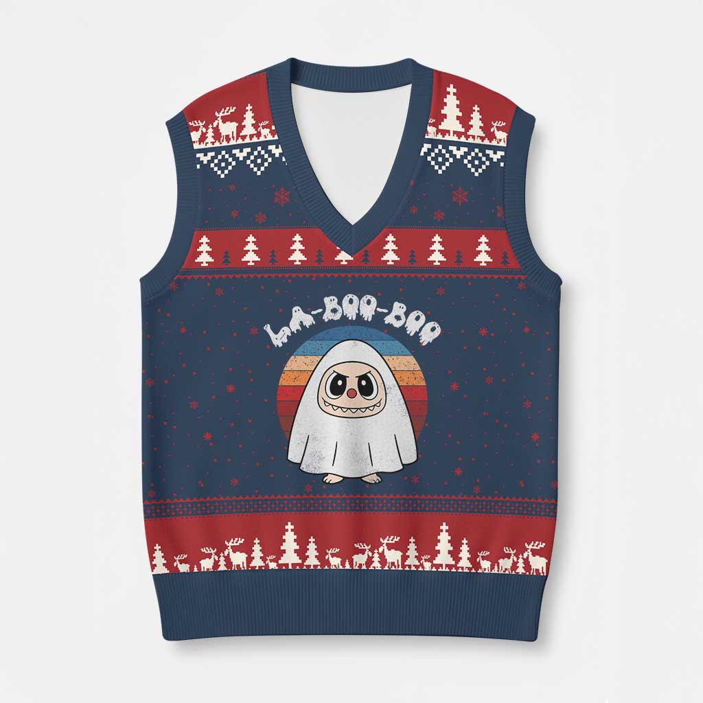 Cute Ghost Halloween Costume V-Neck Knit Sweater Vest Retro Spooky Trending Cartoon La Boo Boo TS10 Navy Red Print Your Wear