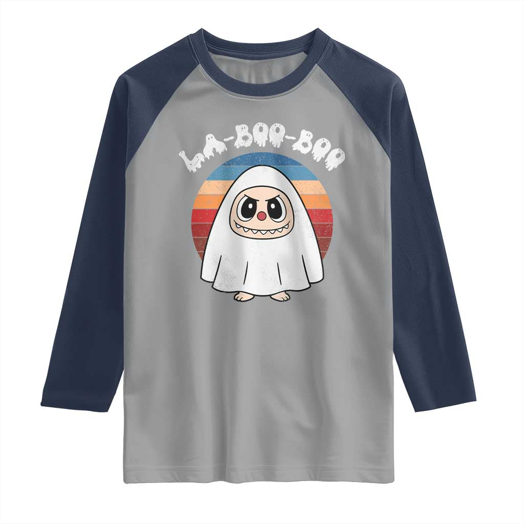 Cute Ghost Halloween Costume Raglan Shirt Retro Spooky Trending Cartoon La Boo Boo TS10 Sport Gray Navy Print Your Wear