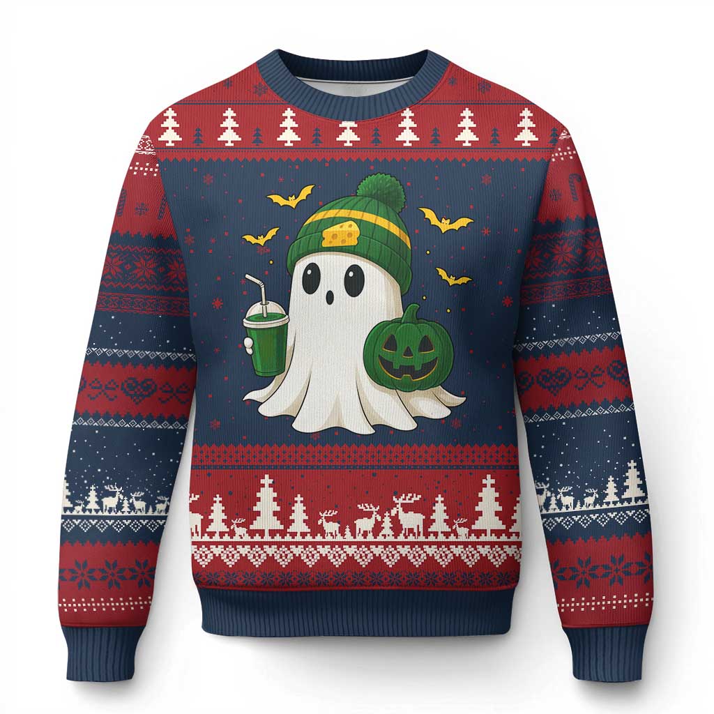 Halloween Packers Ghost Ugly Christmas Sweater Pumpkin Ghost Costume Cheesehead TS10 Navy Red Print Your Wear