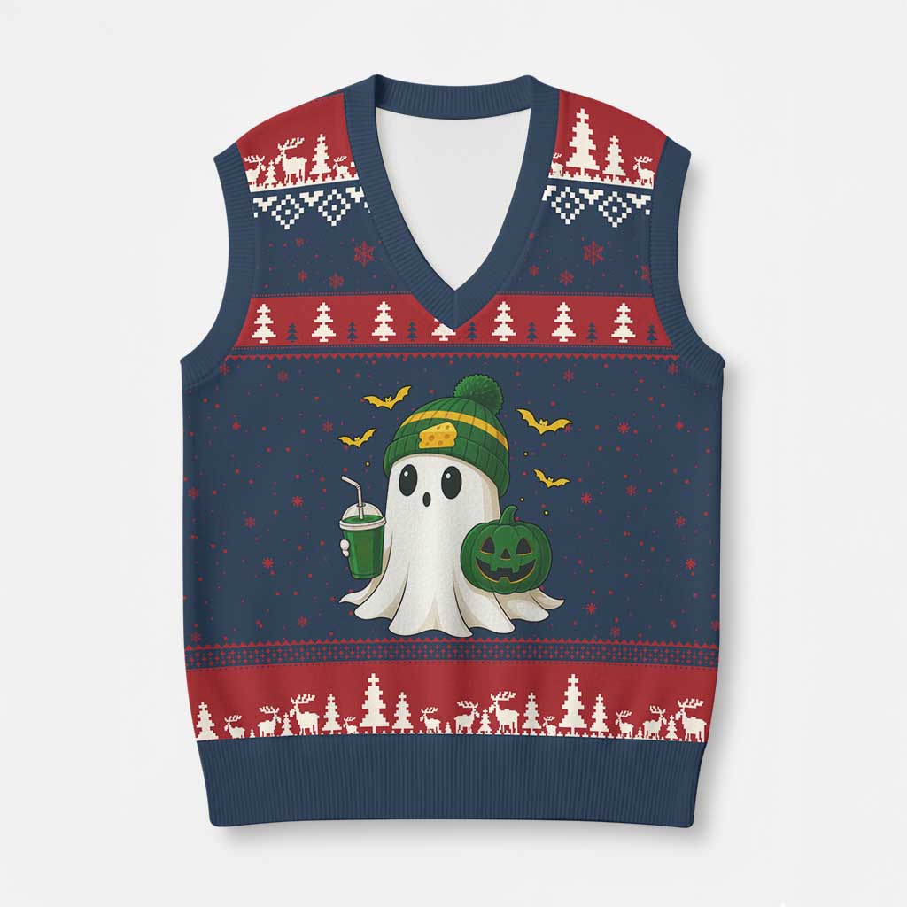 Halloween Packers Ghost V-Neck Knit Sweater Vest Pumpkin Ghost Costume Cheesehead TS10 Navy Red Print Your Wear