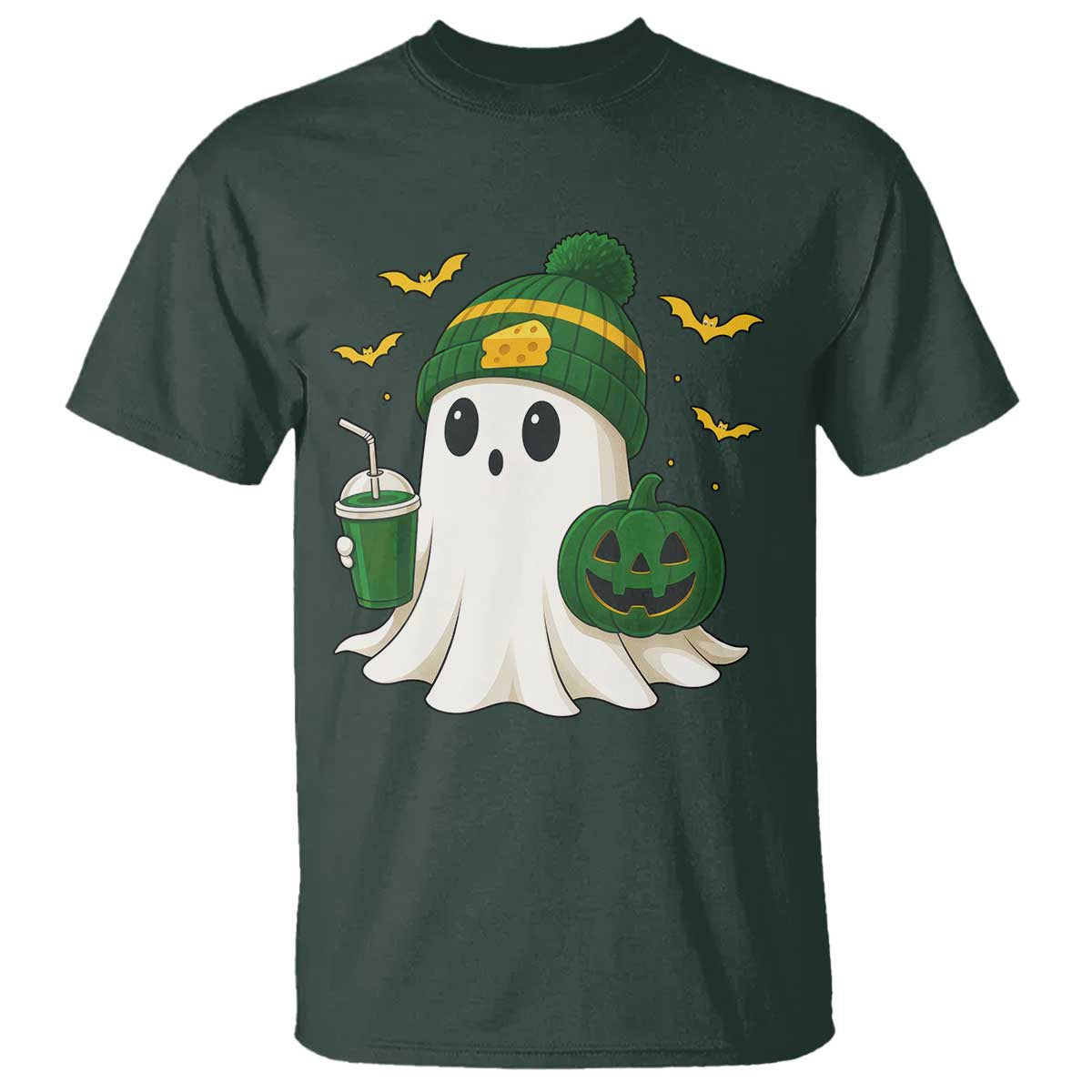 Halloween Packers Ghost T Shirt Pumpkin Ghost Costume Cheesehead TS10 Dark Forest Green Print Your Wear