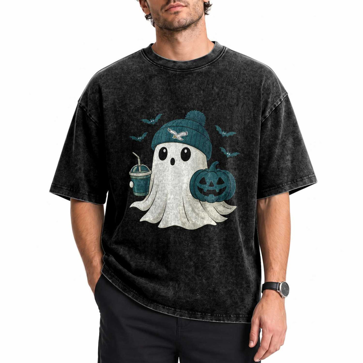 PFE Ghost Halloween Washed Cotton T-Shirt Retro Halloween Costume Philly Lover