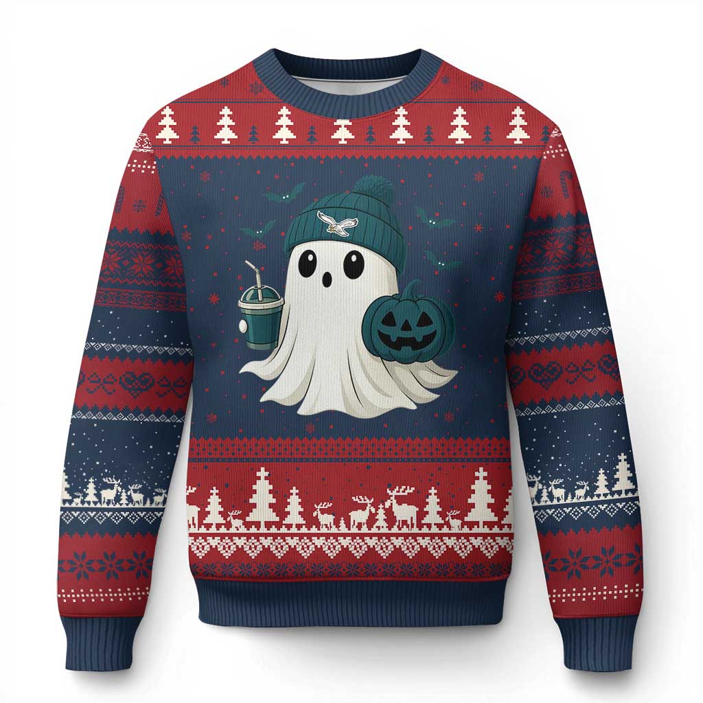 Philadelphia Ghost Halloween Ugly Christmas Sweater Retro Halloween Costume Philadelphia Fan TS10 Navy Red Print Your Wear