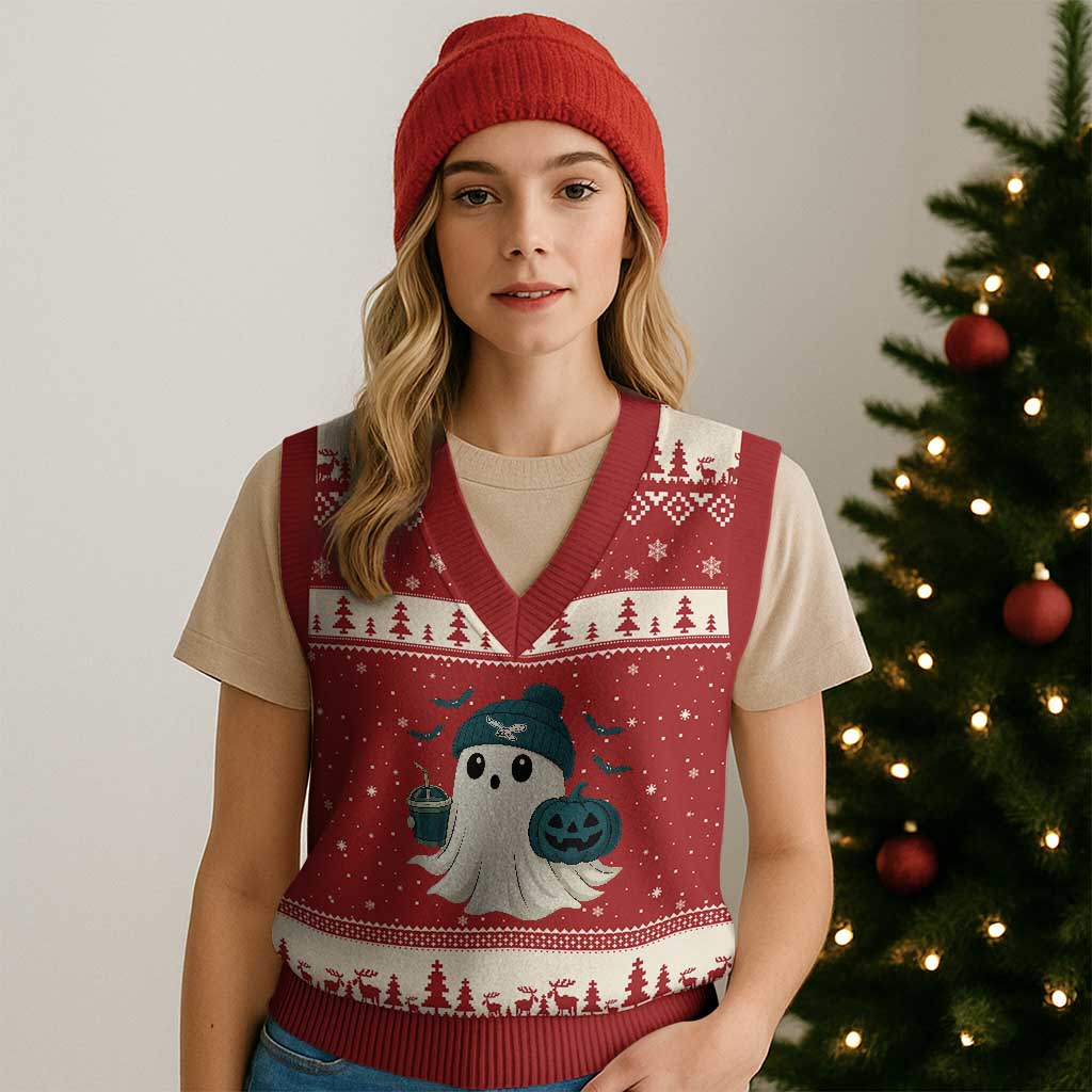 PFE Ghost Halloween V-Neck Knit Sweater Vest Retro Halloween Costume Philly Lover TS10 Red Beige Print Your Wear