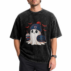 Ghost Halloween Washed Cotton T-Shirt Retro Patriot Halloween Costume