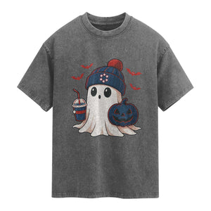 Ghost Halloween Washed Cotton T-Shirt Retro Patriot Halloween Costume