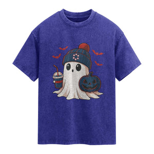 Ghost Halloween Washed Cotton T-Shirt Retro Patriot Halloween Costume