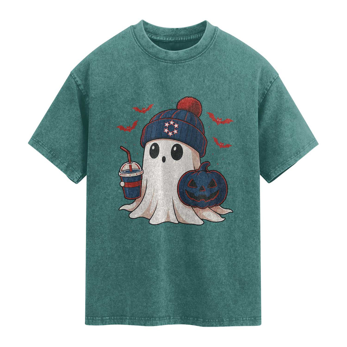 Ghost Halloween Washed Cotton T-Shirt Retro Patriot Halloween Costume
