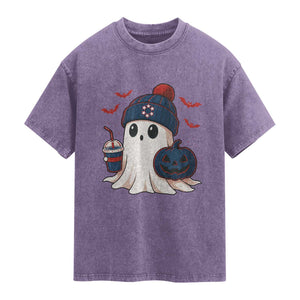Ghost Halloween Washed Cotton T-Shirt Retro Patriot Halloween Costume