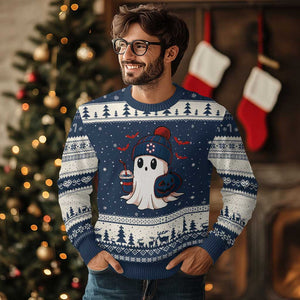 Ghost Halloween Ugly Christmas Sweater Retro Patriots Halloween Costume TS10 Navy Beige Print Your Wear