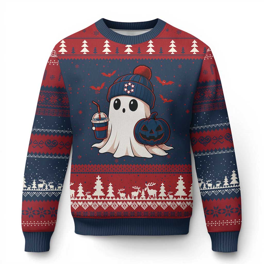 Ghost Halloween Ugly Christmas Sweater Retro Patriots Halloween Costume TS10 Navy Red Print Your Wear