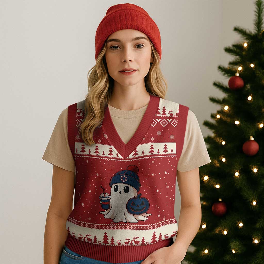 Ghost Halloween V-Neck Knit Sweater Vest Retro Patriot Halloween Costume TS10 Red Beige Print Your Wear
