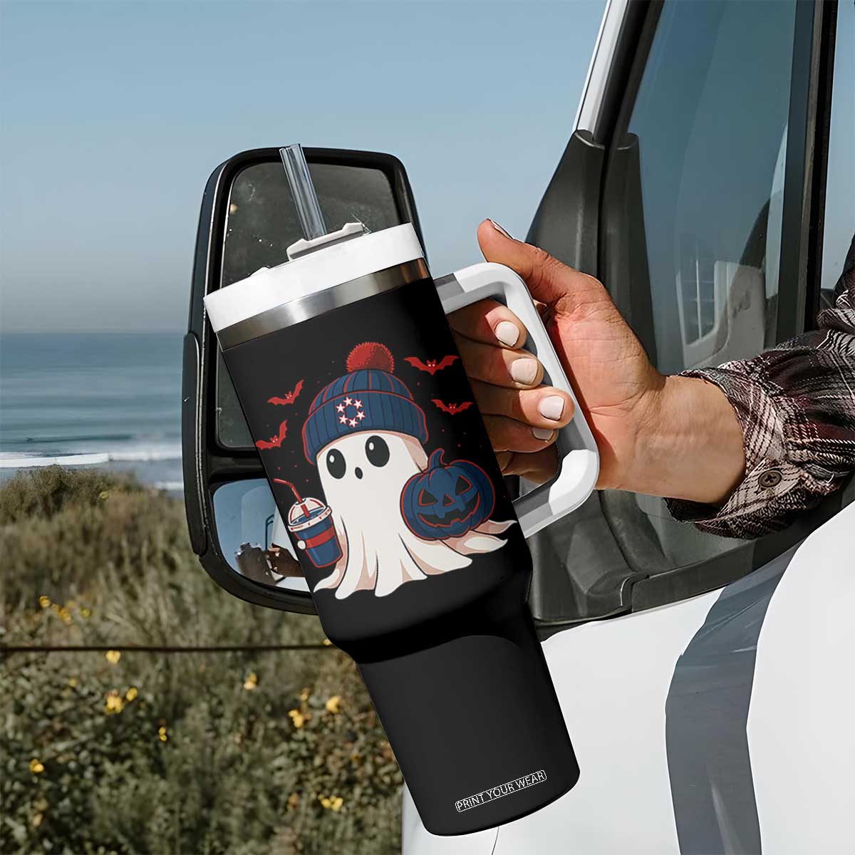 Ghost Halloween Tumbler With Handle Retro Patriots Halloween Costume TS10 Print Your Wear