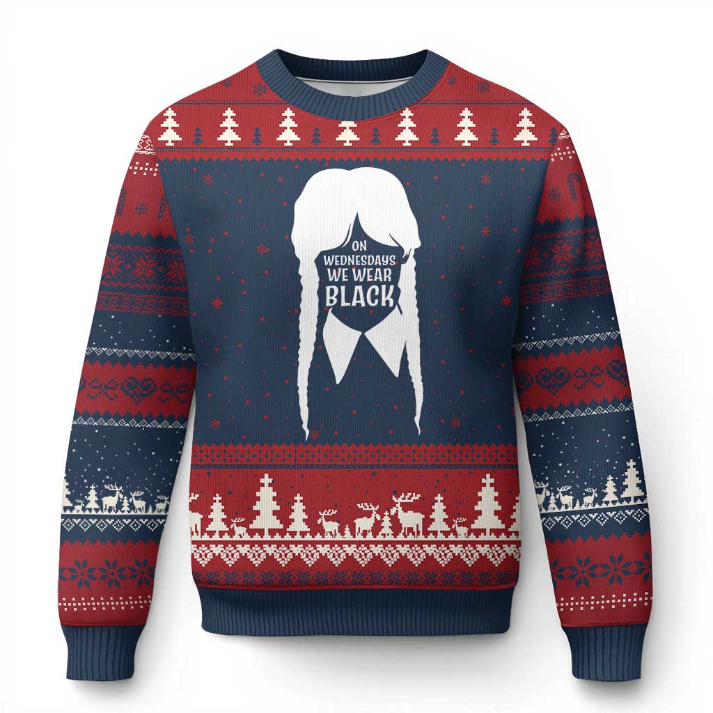 On Wednesdays We Wear Black Ugly Christmas Sweater Goth Halloween TS10 Navy Red Print Your Wear