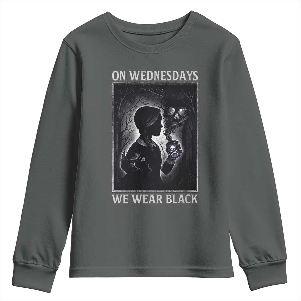 On Wednesdays We Wear Black Youth Sweatshirt Tarot Card Goth Halloween TS10 Dark Heather Print Your Wear