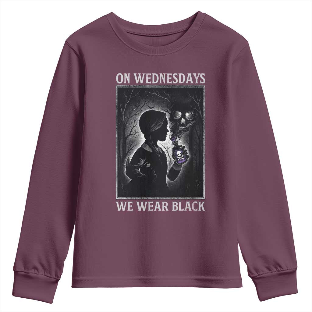 On Wednesdays We Wear Black Youth Sweatshirt Tarot Card Goth Halloween TS10 Maroon Print Your Wear