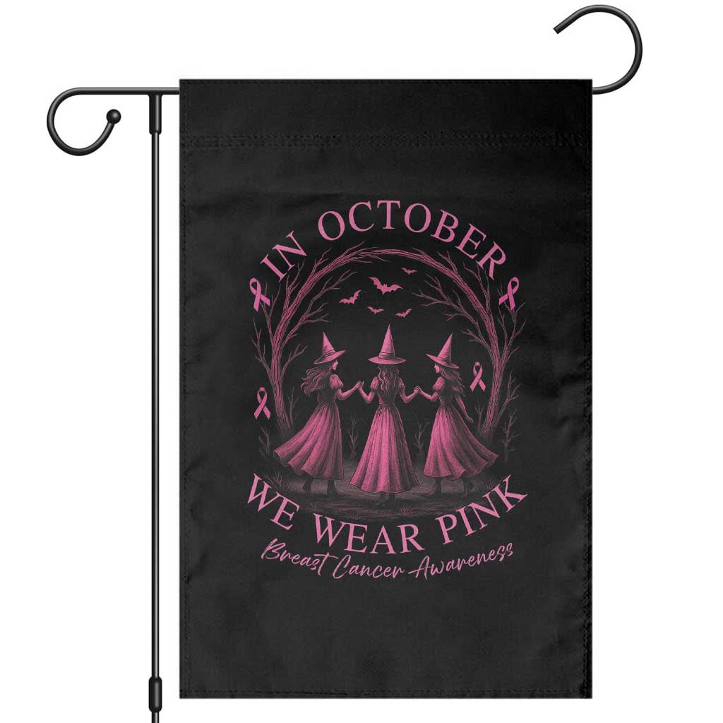In October We Wear Pink Witches Garden Flag Spooky Breast Cancer Witch Halloween Pink Ribbon TS10 Black Print Your Wear