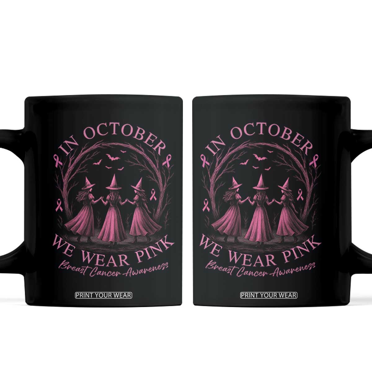 In October We Wear Pink Witches Coffee Mug Spooky Breast Cancer Witch Halloween Pink Ribbon TS10 Black Print Your Wear