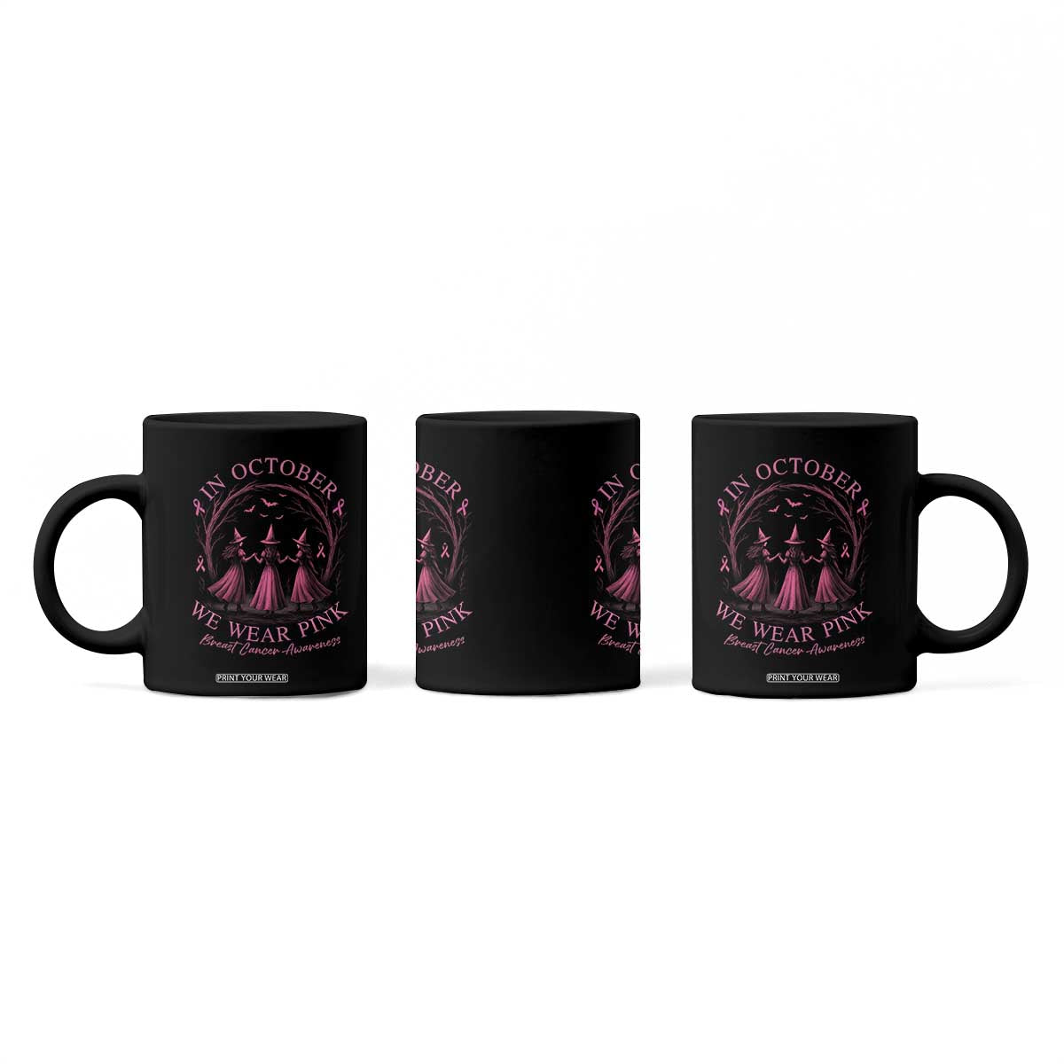 In October We Wear Pink Witches Coffee Mug Spooky Breast Cancer Witch Halloween Pink Ribbon TS10 Print Your Wear