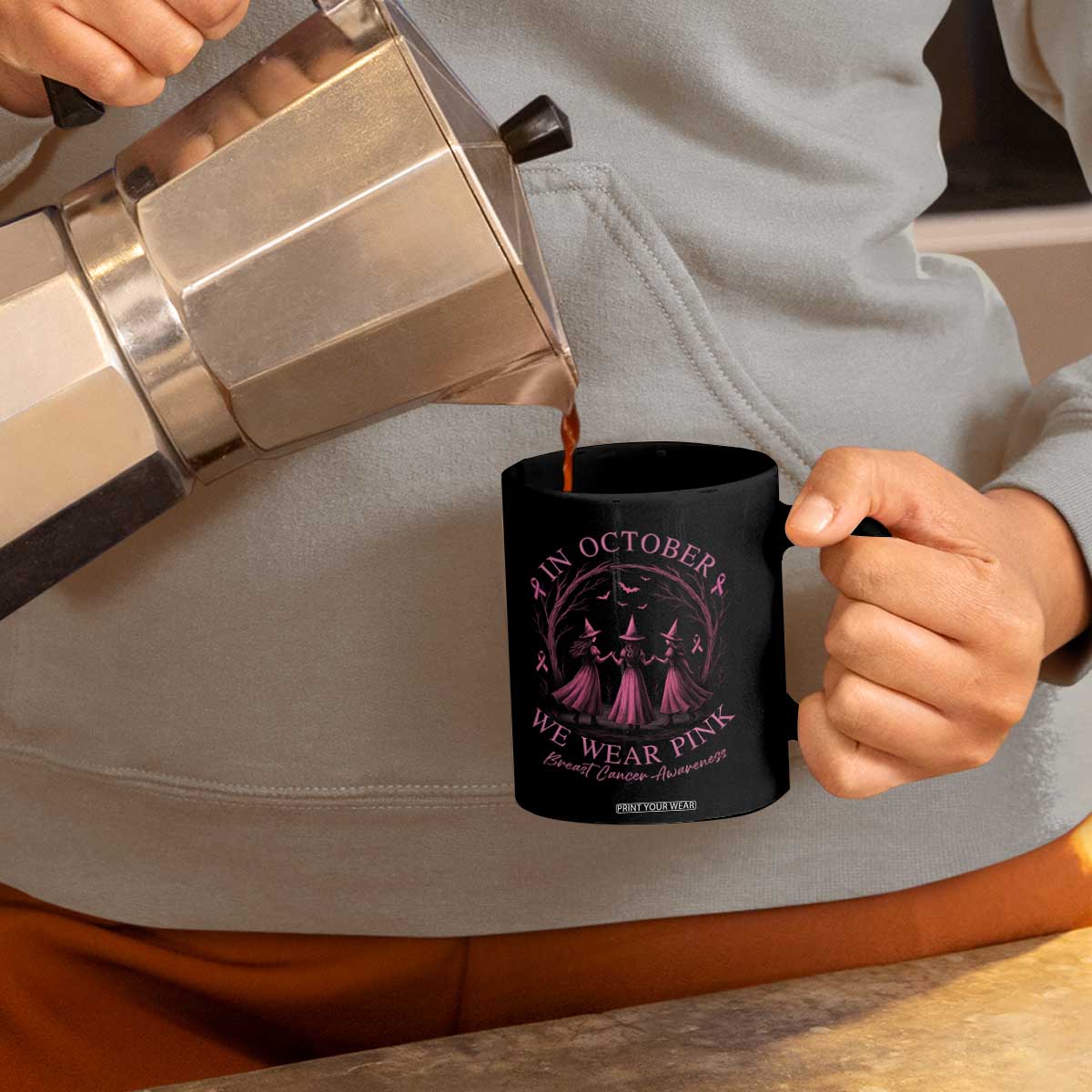 In October We Wear Pink Witches Coffee Mug Spooky Breast Cancer Witch Halloween Pink Ribbon TS10 Print Your Wear
