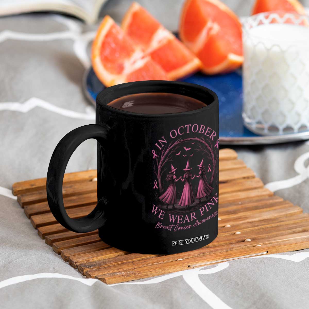 In October We Wear Pink Witches Coffee Mug Spooky Breast Cancer Witch Halloween Pink Ribbon TS10 Print Your Wear