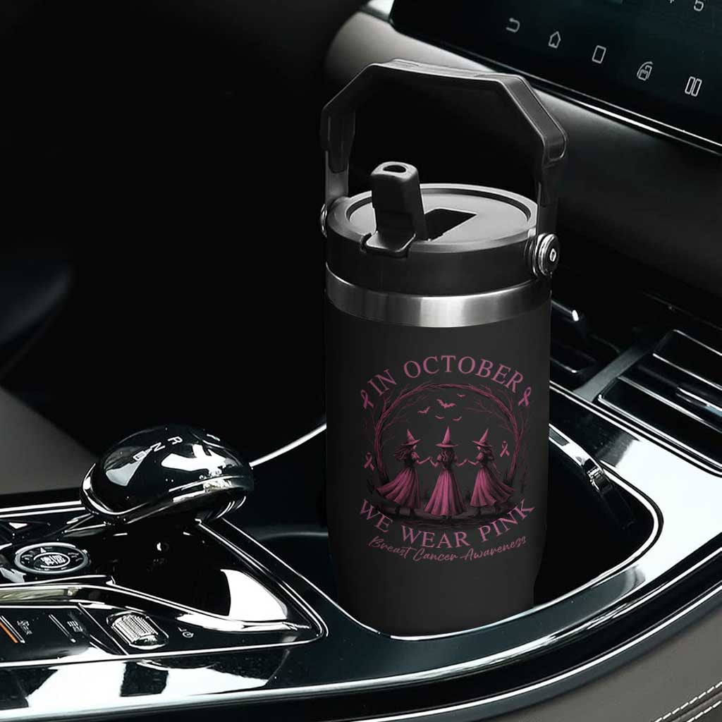 In October We Wear Pink Witches Flip Straw Tumbler Spooky Breast Cancer Witch Halloween Pink Ribbon TS10 Print Your Wear