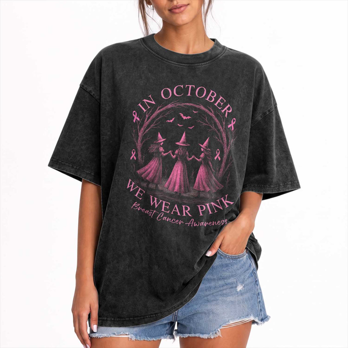 In October We Wear Pink Witches Washed Cotton T-Shirt Spooky Breast Cancer Witch Halloween Pink Ribbon