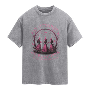 In October We Wear Pink Witches Washed Cotton T-Shirt Spooky Breast Cancer Witch Halloween Pink Ribbon