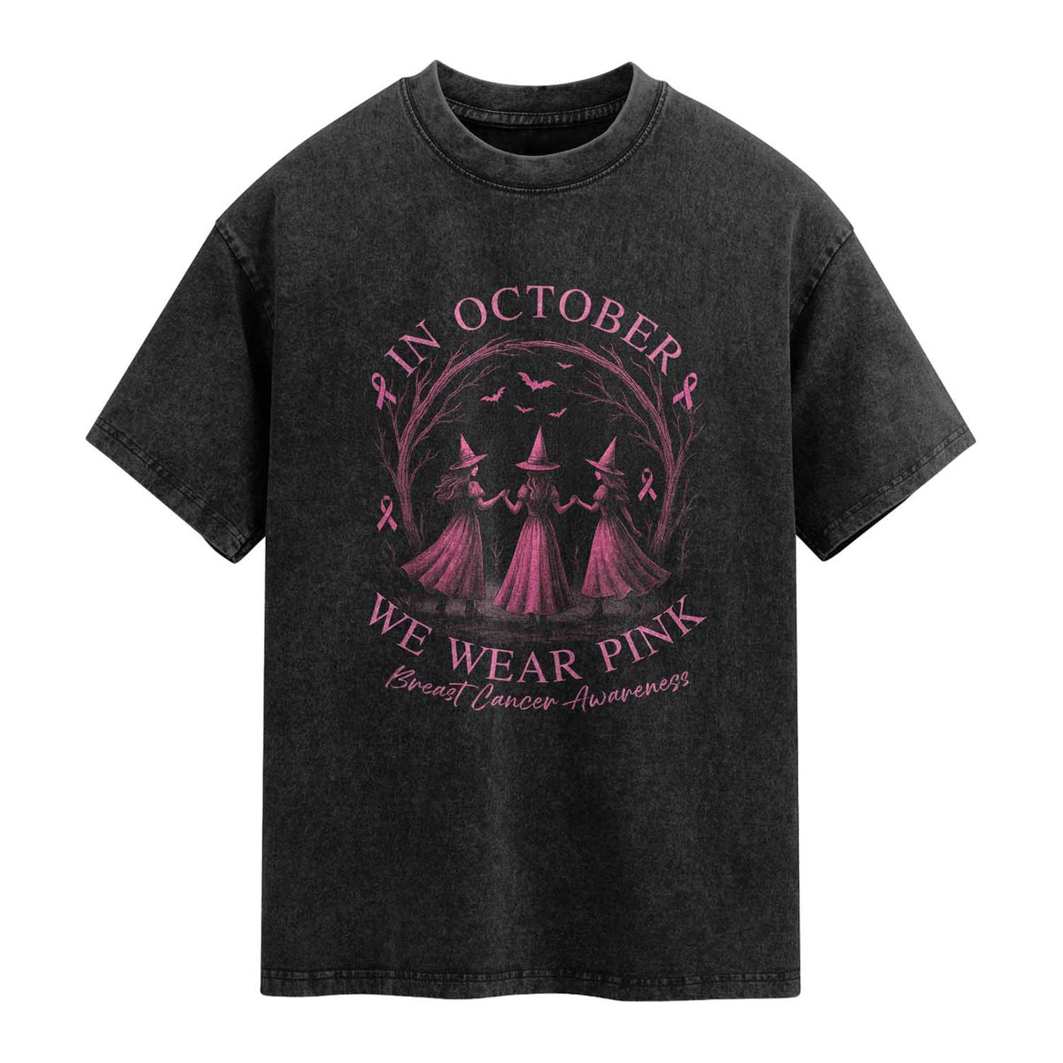 In October We Wear Pink Witches Washed Cotton T-Shirt Spooky Breast Cancer Witch Halloween Pink Ribbon