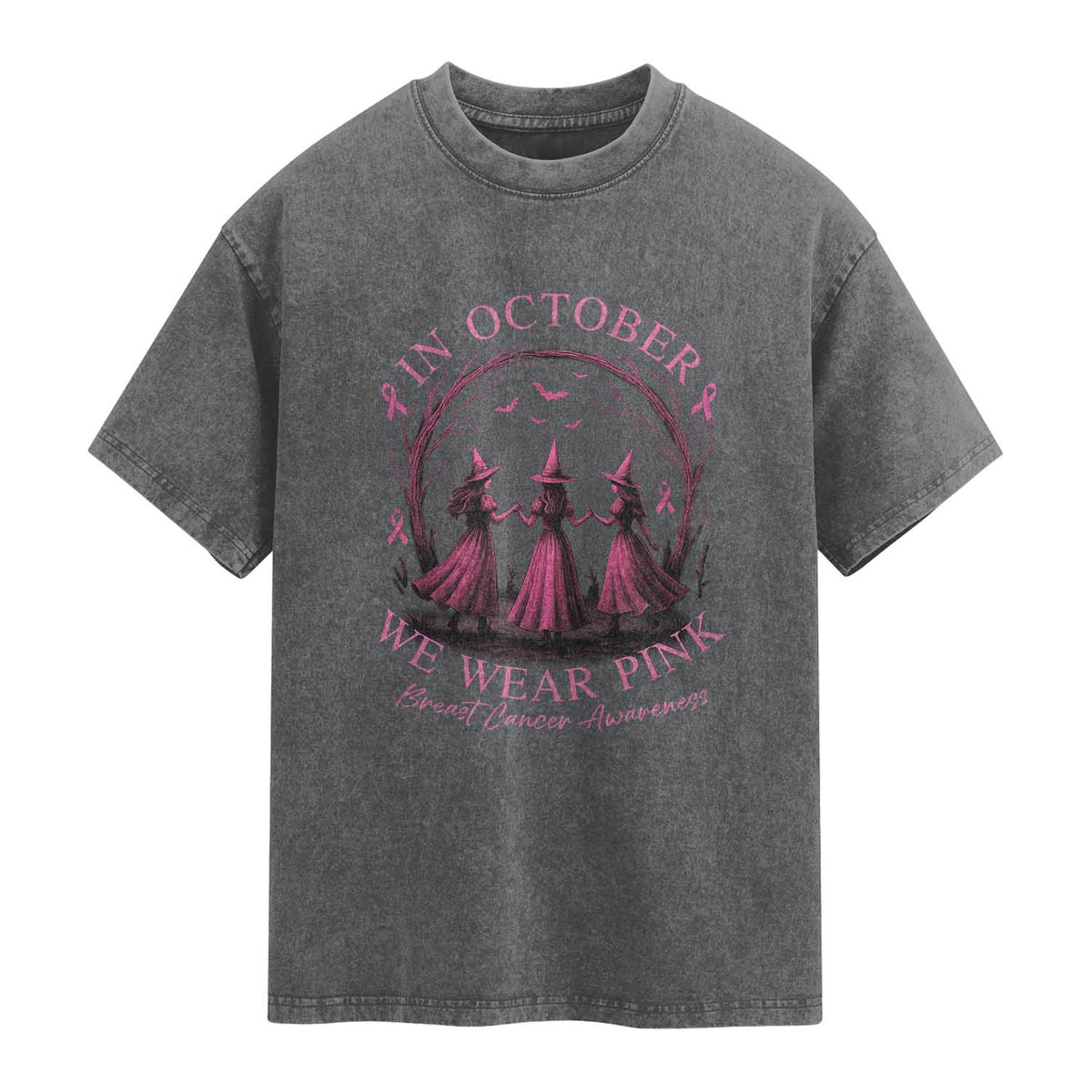 In October We Wear Pink Witches Washed Cotton T-Shirt Spooky Breast Cancer Witch Halloween Pink Ribbon