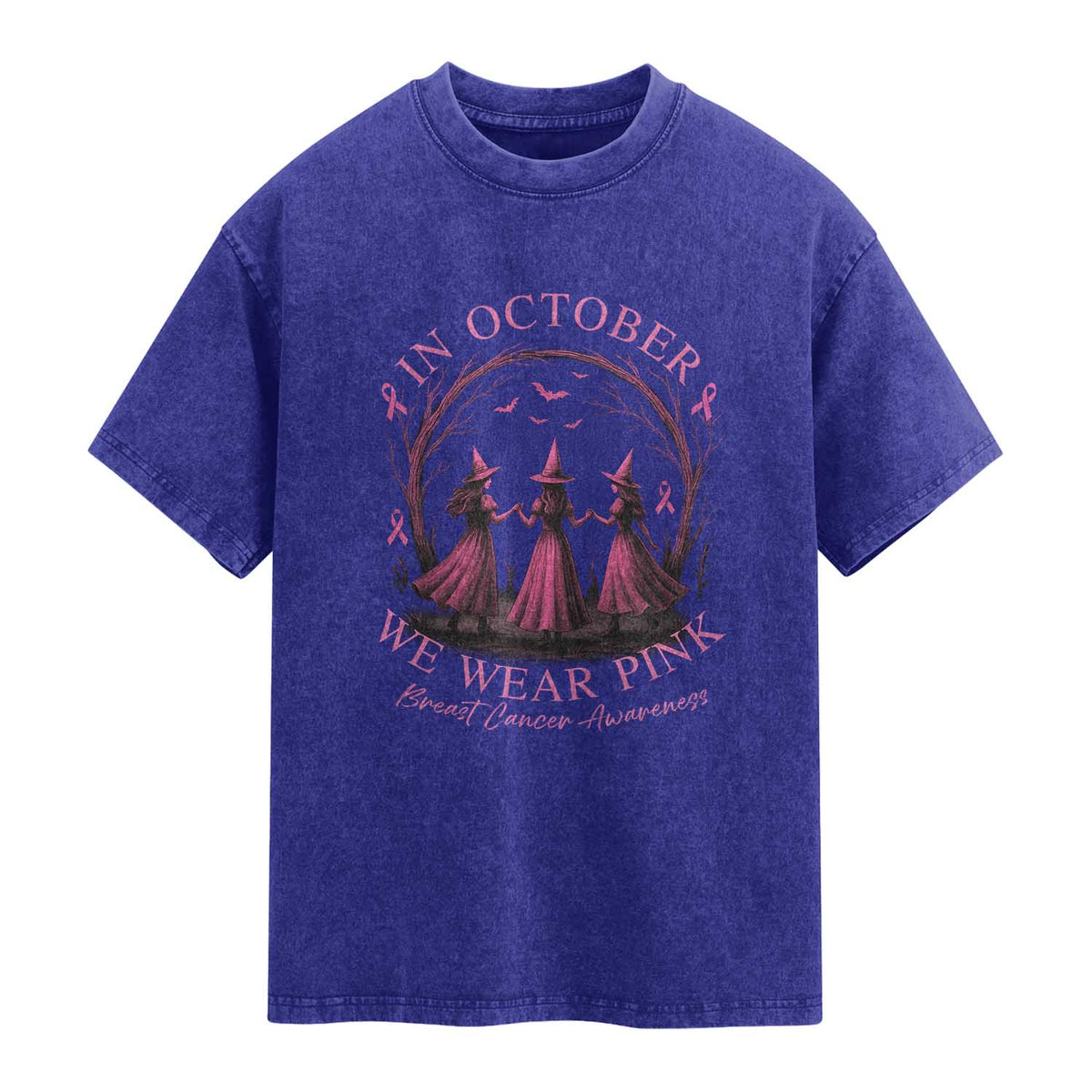 In October We Wear Pink Witches Washed Cotton T-Shirt Spooky Breast Cancer Witch Halloween Pink Ribbon