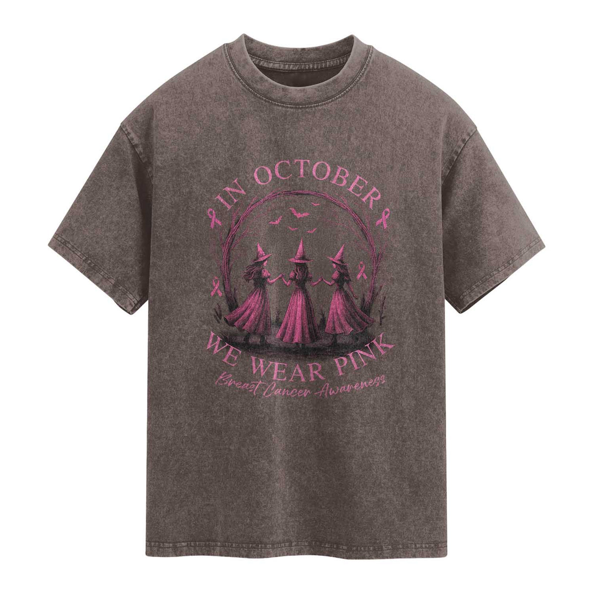 In October We Wear Pink Witches Washed Cotton T-Shirt Spooky Breast Cancer Witch Halloween Pink Ribbon