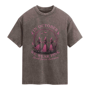 In October We Wear Pink Witches Washed Cotton T-Shirt Spooky Breast Cancer Witch Halloween Pink Ribbon