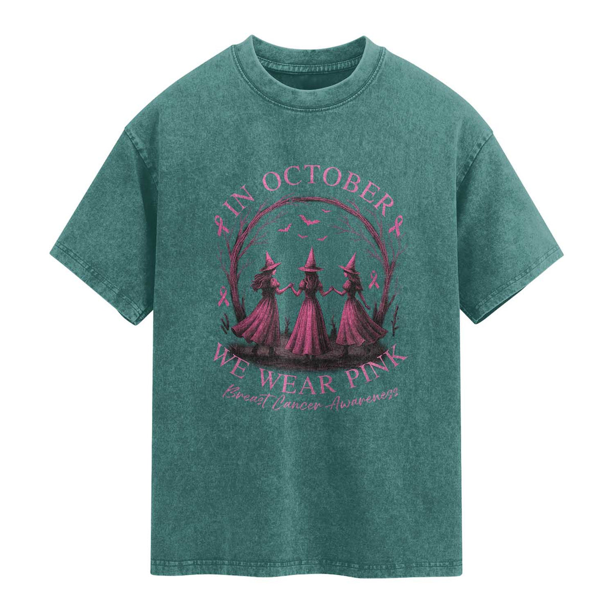 In October We Wear Pink Witches Washed Cotton T-Shirt Spooky Breast Cancer Witch Halloween Pink Ribbon