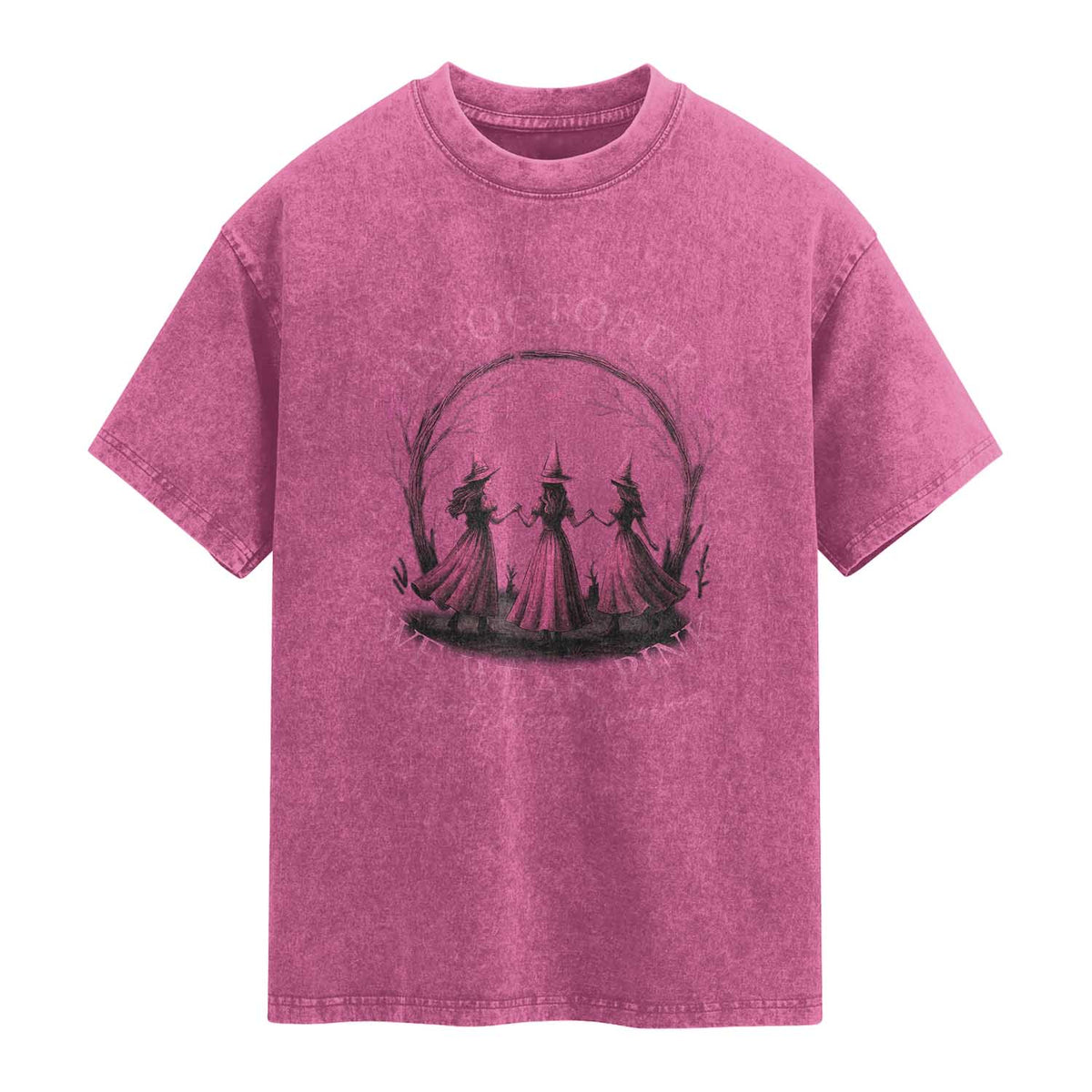 In October We Wear Pink Witches Washed Cotton T-Shirt Spooky Breast Cancer Witch Halloween Pink Ribbon