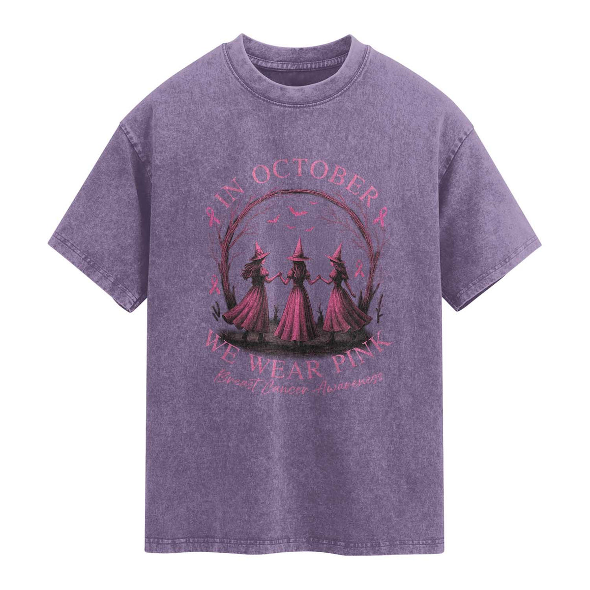 In October We Wear Pink Witches Washed Cotton T-Shirt Spooky Breast Cancer Witch Halloween Pink Ribbon