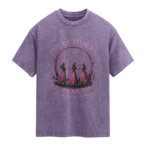 In October We Wear Pink Witches Washed Cotton T-Shirt Spooky Breast Cancer Witch Halloween Pink Ribbon
